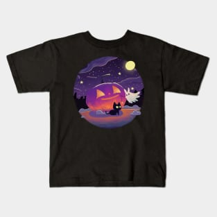 A black cat and a friendly ghost Kids T-Shirt